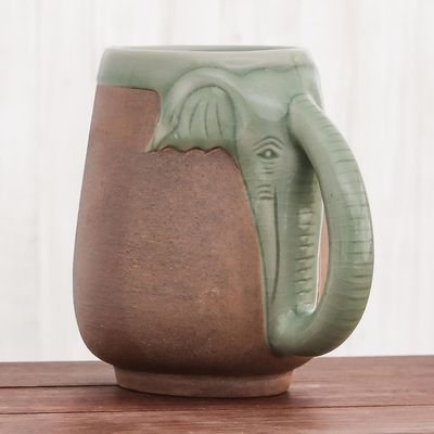 Alternate image for Ceramic Celadon Thai Elephant Mug in Green and Brown Morning Elephant