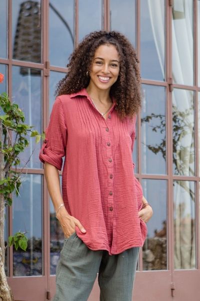 Alternate image for Rusty Rose Button-Up Cotton Gauze Shirt from Thailand Spice Pintucks