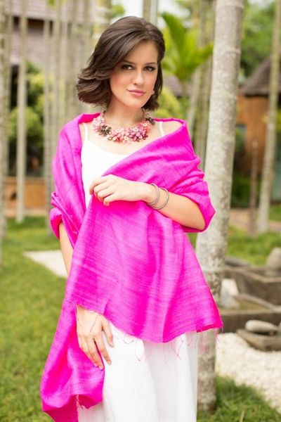 Alternate image for Hot Pink Silk Batik Shawl from Thailand Pink Lipstick