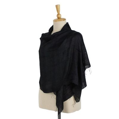 Alternate image for Handcrafted Fringed Silk Shawl in Black from Thailand Midnight Breeze