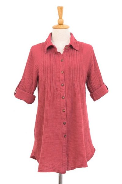 Alternate image for Rusty Rose Button-Up Cotton Gauze Shirt from Thailand Spice Pintucks