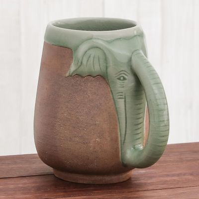 Alternate image for Ceramic Celadon Thai Elephant Mug in Green and Brown Morning Elephant