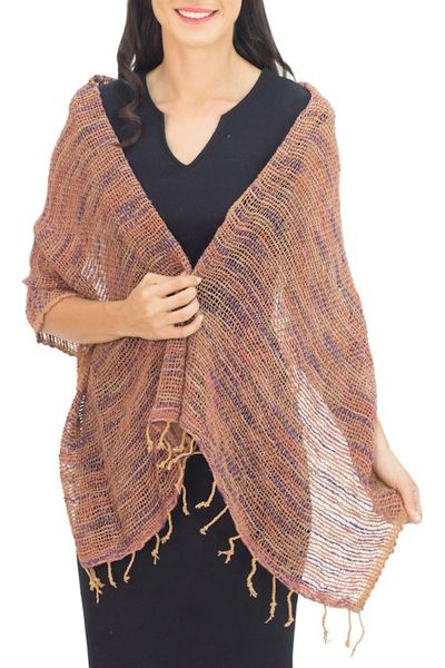 Alternate image for Hand Spun Cotton Shawl Wrap in Brown Purple and Pink Breeze of Brown Purple