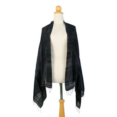 Alternate image for Handcrafted Fringed Silk Shawl in Black from Thailand Midnight Breeze
