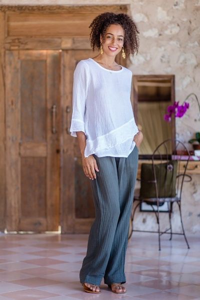 Alternate image for Handcrafted White Double Gauze Cotton Blouse with Ruffle White Ruffles