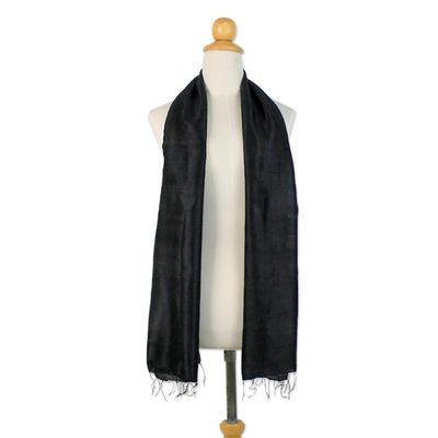 Alternate image for Handcrafted Fringed Silk Shawl in Black from Thailand Midnight Breeze