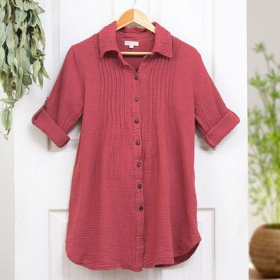 Alternate image for Rusty Rose Button-Up Cotton Gauze Shirt from Thailand Spice Pintucks
