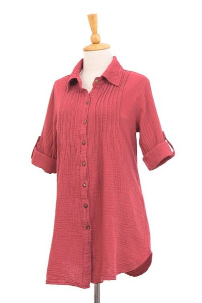 Alternate image for Rusty Rose Button-Up Cotton Gauze Shirt from Thailand Spice Pintucks