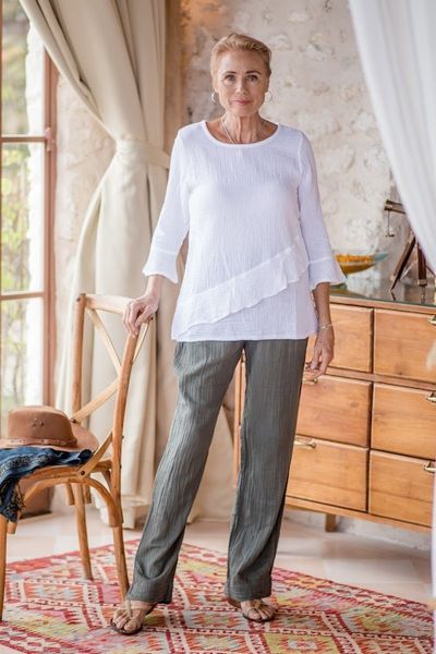 Alternate image for Handcrafted White Double Gauze Cotton Blouse with Ruffle White Ruffles