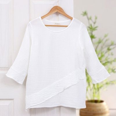 Alternate image for Handcrafted White Double Gauze Cotton Blouse with Ruffle White Ruffles