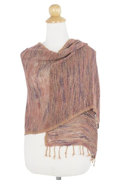 Alternate image for Hand Spun Cotton Shawl Wrap in Brown Purple and Pink Breeze of Brown Purple