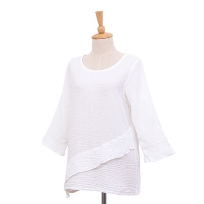 Alternate image for Handcrafted White Double Gauze Cotton Blouse with Ruffle White Ruffles