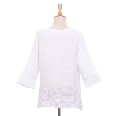 Alternate image for Handcrafted White Double Gauze Cotton Blouse with Ruffle White Ruffles