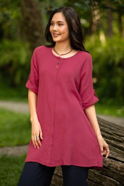 Alternate image for Long Cotton Gauze Tunic from Thailand Fresh Breeze in Raspberry