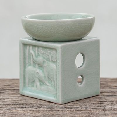 Alternate image for Elephant-Themed Celadon Ceramic Oil Warmer from Thailand Elephant Jungle