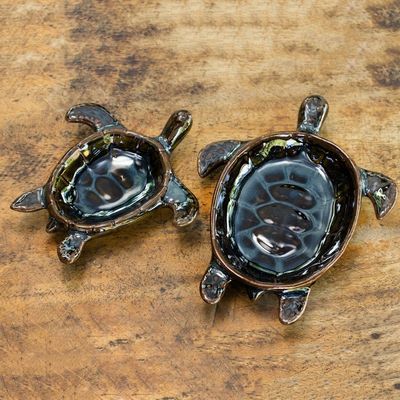 Alternate image for Handcrafted Ceramic Bowls from Thailand pair Indigo Thai Turtles