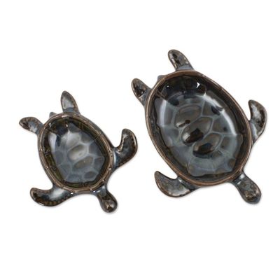 Alternate image for Handcrafted Ceramic Bowls from Thailand pair Indigo Thai Turtles