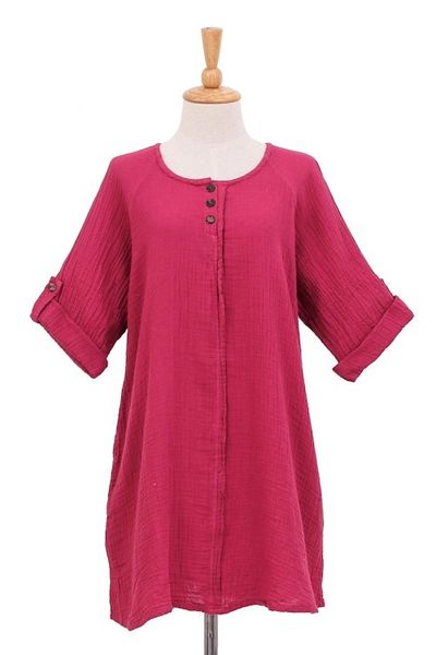 Alternate image for Long Cotton Gauze Tunic from Thailand Fresh Breeze in Raspberry