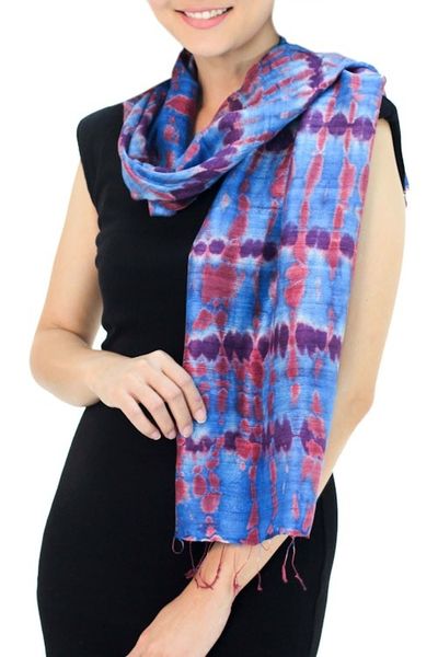 Alternate image for Silk Patterned Scarf from Thailand Azure Wilderness