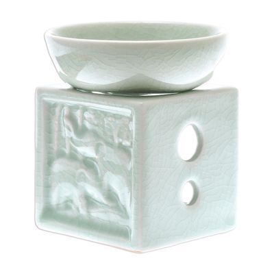 Alternate image for Elephant-Themed Celadon Ceramic Oil Warmer from Thailand Elephant Jungle