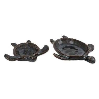 Alternate image for Handcrafted Ceramic Bowls from Thailand pair Indigo Thai Turtles
