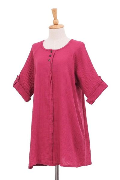 Alternate image for Long Cotton Gauze Tunic from Thailand Fresh Breeze in Raspberry