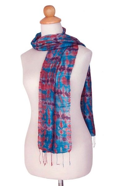 Alternate image for Silk Patterned Scarf from Thailand Azure Wilderness