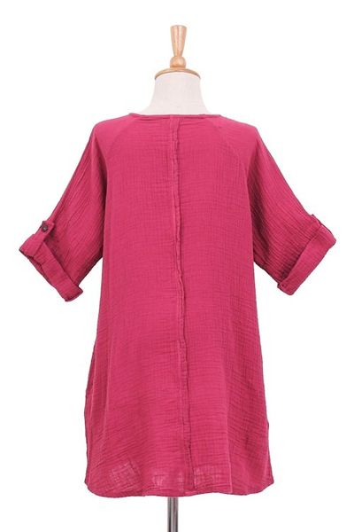 Alternate image for Long Cotton Gauze Tunic from Thailand Fresh Breeze in Raspberry