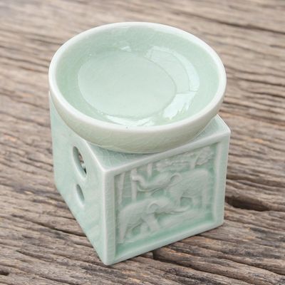 Alternate image for Elephant-Themed Celadon Ceramic Oil Warmer from Thailand Elephant Jungle