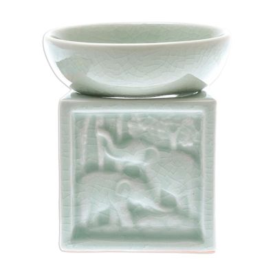 Alternate image for Elephant-Themed Celadon Ceramic Oil Warmer from Thailand Elephant Jungle