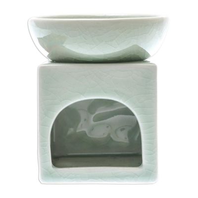 Alternate image for Elephant-Themed Celadon Ceramic Oil Warmer from Thailand Elephant Jungle