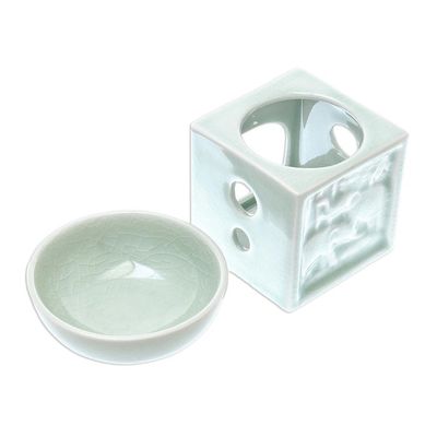 Alternate image for Elephant-Themed Celadon Ceramic Oil Warmer from Thailand Elephant Jungle