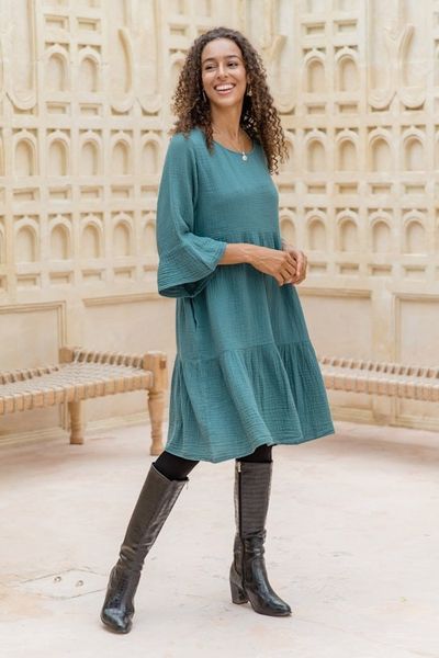 Alternate image for Double-Gauze Cotton Tunic Dress in a Teal Hue from Thailand Teal Trends