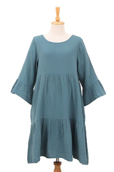 Alternate image for Double-Gauze Cotton Tunic Dress in a Teal Hue from Thailand Teal Trends