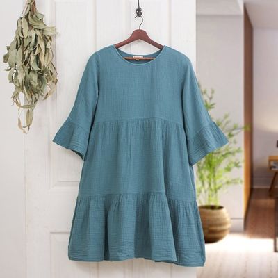 Alternate image for Double-Gauze Cotton Tunic Dress in a Teal Hue from Thailand Teal Trends