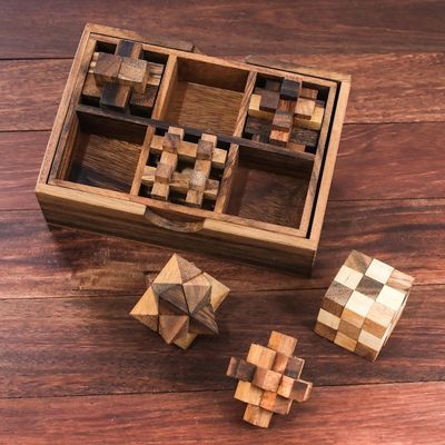 Alternate image for Handcrafted Set of Six Wooden Puzzles from Thailand Puzzle Set