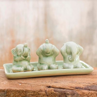 Alternate image for Celadon ceramic figurines Set of 3 Elephant Life Lessons