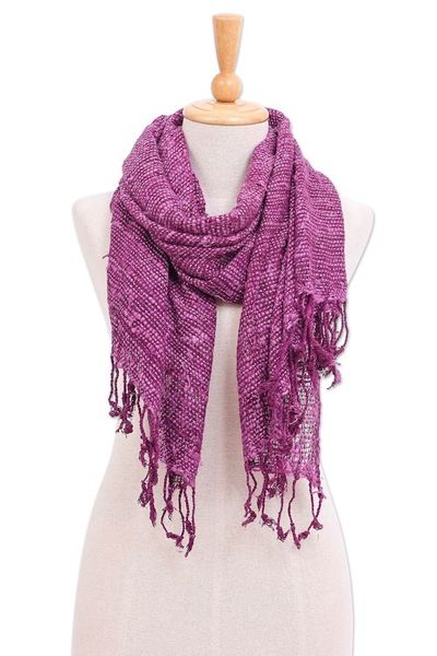 Alternate image for Purple Thai Silk Scarf with Fringe Aubergine Autumn