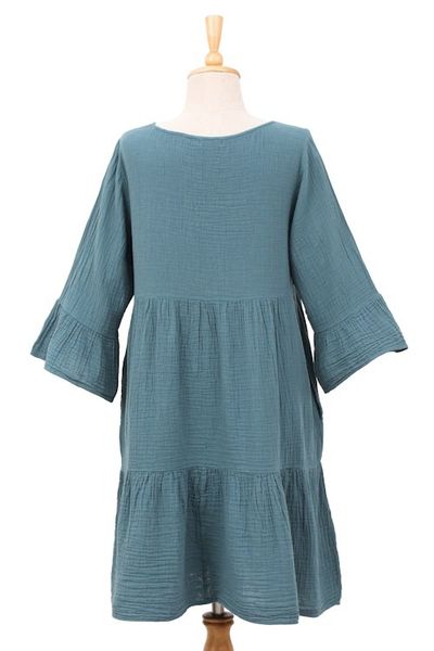 Alternate image for Double-Gauze Cotton Tunic Dress in a Teal Hue from Thailand Teal Trends