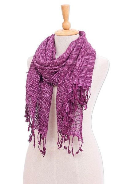 Alternate image for Purple Thai Silk Scarf with Fringe Aubergine Autumn