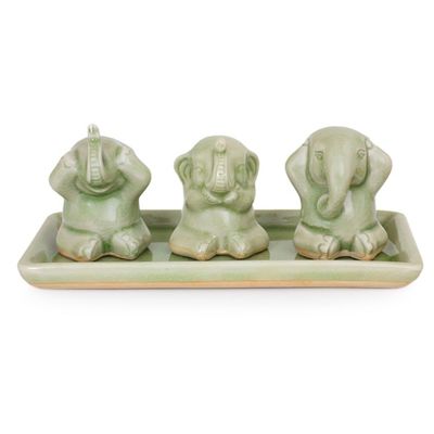 Alternate image for Celadon ceramic figurines Set of 3 Elephant Life Lessons