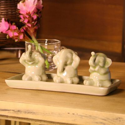 Alternate image for Celadon ceramic figurines Set of 3 Elephant Life Lessons