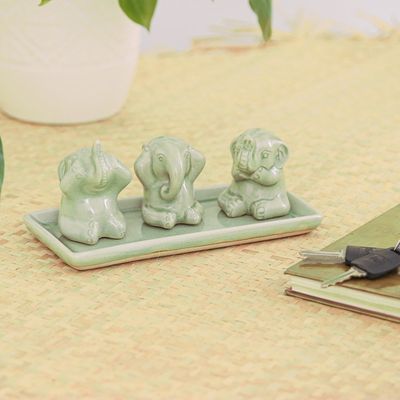 Alternate image for Celadon ceramic figurines Set of 3 Elephant Life Lessons