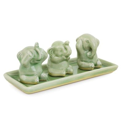 Alternate image for Celadon ceramic figurines Set of 3 Elephant Life Lessons