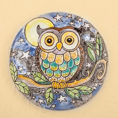 Alternate image for Owl Under Night Sky Colorful Ceramic Decorative Plate Whimsical Owl