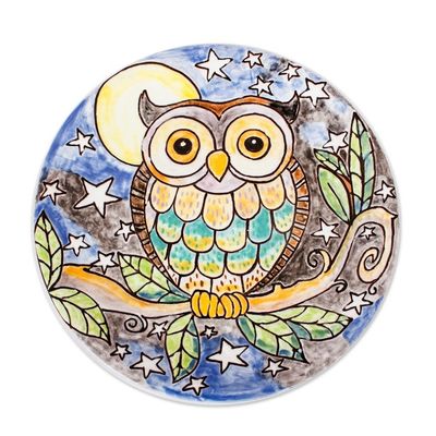 Alternate image for Owl Under Night Sky Colorful Ceramic Decorative Plate Whimsical Owl
