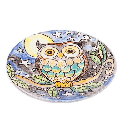 Alternate image for Owl Under Night Sky Colorful Ceramic Decorative Plate Whimsical Owl