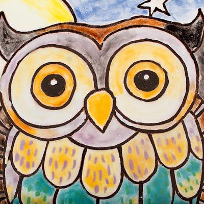 Alternate image for Owl Under Night Sky Colorful Ceramic Decorative Plate Whimsical Owl