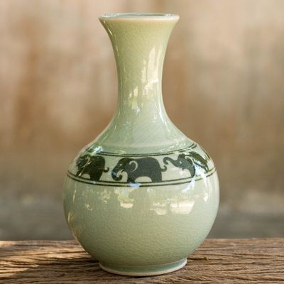 Alternate image for Green Celadon Narrow Neck Elephant Vase from Thailand Green Prancing Elephants