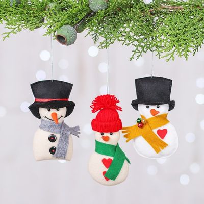 Alternate image for Set of Three Handcrafted Snowman Felt and Acrylic Ornaments Snowy Gentlemen